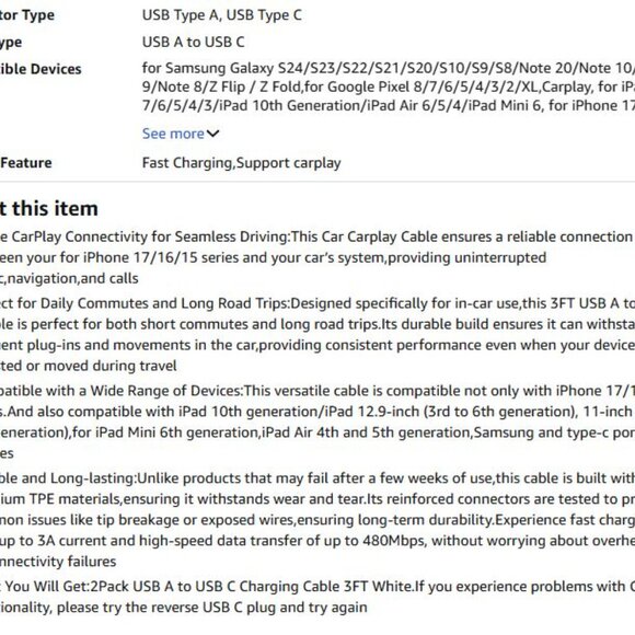 NEW 2pc Pack 3ft Carplay Cord Fast Charging for iPhone 17-16-15 Air Plus Pro Max - Picture 9 of 10